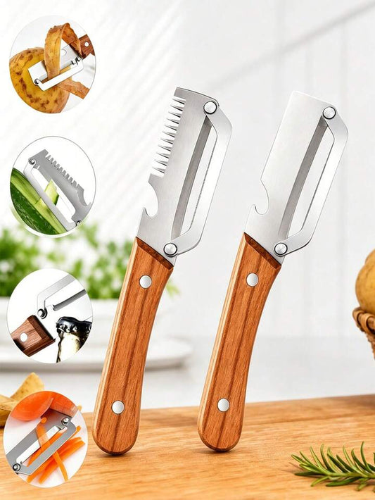Pelador de frutas y verduras 2 en 1 con abridor de botellas. Acero inoxidable afilado. Mango de madera. Diseño ergonómico antideslizante para un agarre cómodo.